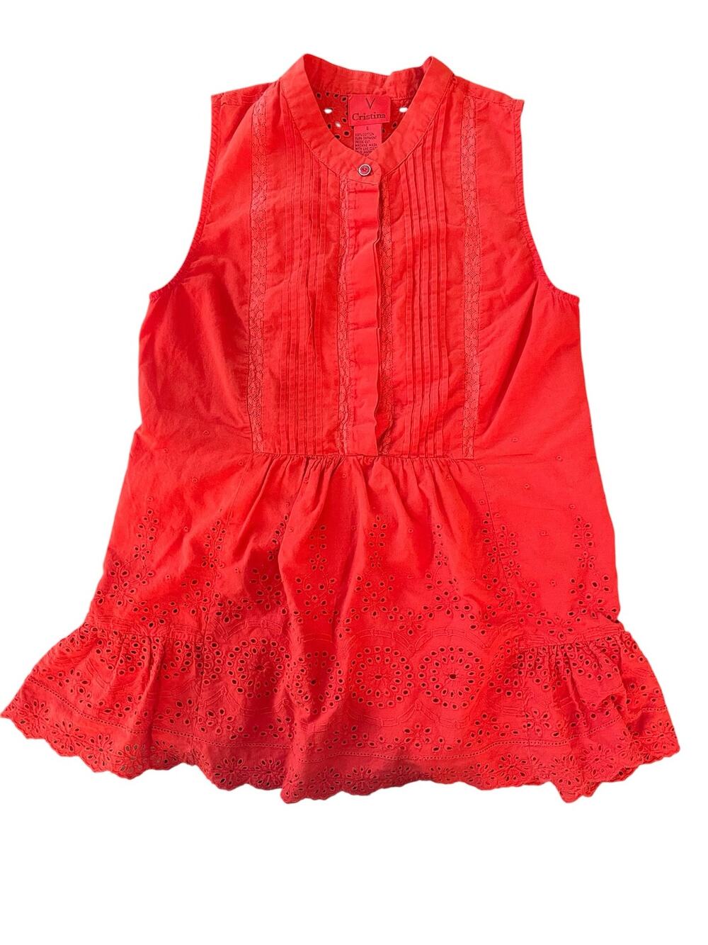 V Cristina Vibrant Red Eyelet Embroidered Sleeveless Pintuck Tunic Size Small